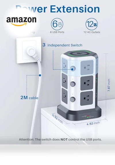 Power Strip Tower with Wireless Charger — Power Solutions & Surge Protection, KOOSLA