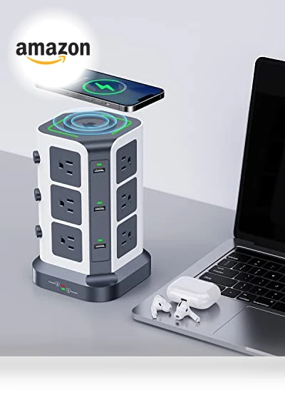 Power Strip Tower with Wireless Charger — Power Solutions & Surge Protection, KOOSLA