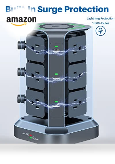 Power Strip Tower with Wireless Charger — Power Solutions & Surge Protection, KOOSLA