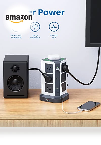 Power Strip Tower with Wireless Charger — Power Solutions & Surge Protection, KOOSLA