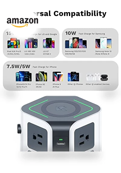 Power Strip Tower with Wireless Charger — Power Solutions & Surge Protection, KOOSLA
