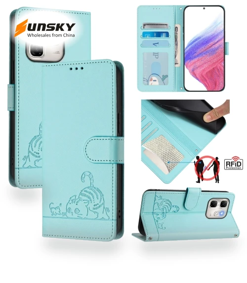 Cat Rat Embossed Pattern RFID Leather Phone Case with Lanyard for Infinix Hot 50i 5G / Smart 9 4G — Protective Cases, Infinix