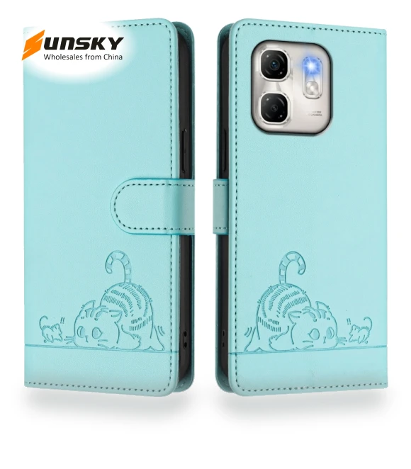 Cat Rat Embossed Pattern RFID Leather Phone Case with Lanyard for Infinix Hot 50i 5G / Smart 9 4G — Protective Cases, Infinix