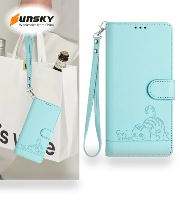 Cat Rat Embossed Pattern RFID Leather Phone Case with Lanyard for Infinix Hot 50i 5G / Smart 9 4G — Protective Cases, Infinix