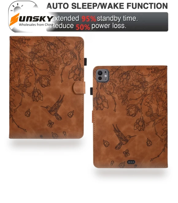 Flowers and Bird Embossed Smart Leather Tablet Case for iPad Pro 11 2024 — Keyboard Cases