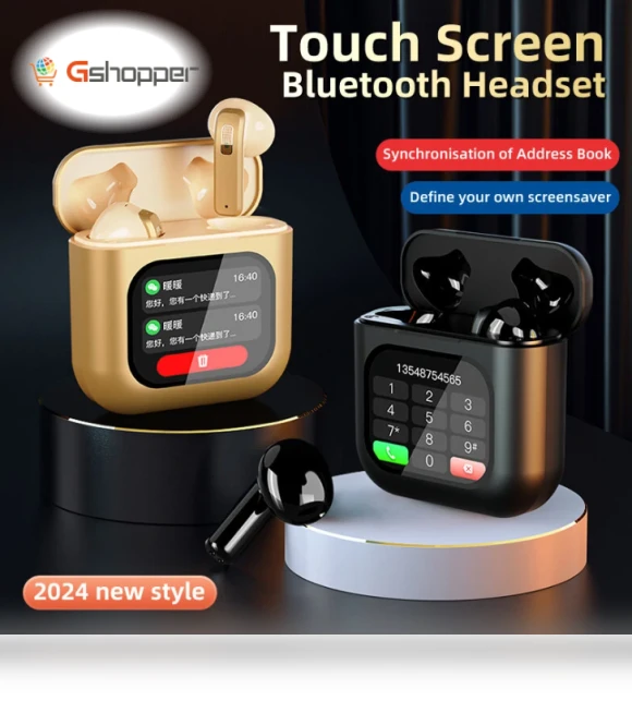 TWS Bluetooth Earphone with LCD Touch Screen, 8G Memory, ENC HD Calls, Low Latency — Bluetooth Headsets
