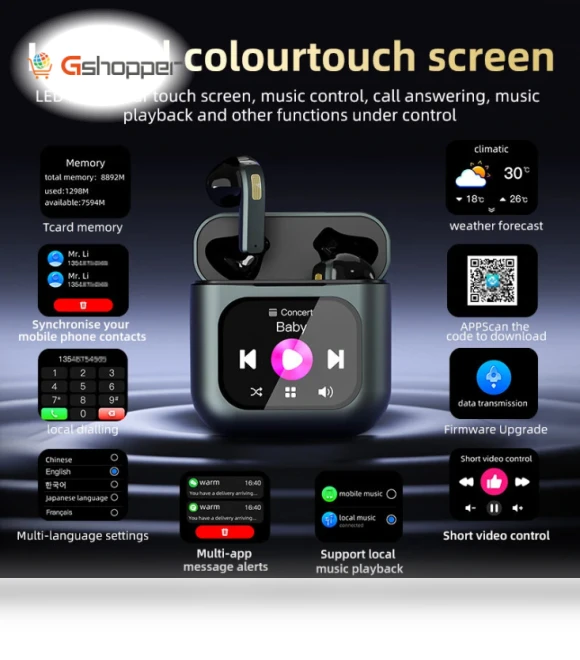 TWS Bluetooth Earphone with LCD Touch Screen, 8G Memory, ENC HD Calls, Low Latency — Bluetooth Headsets