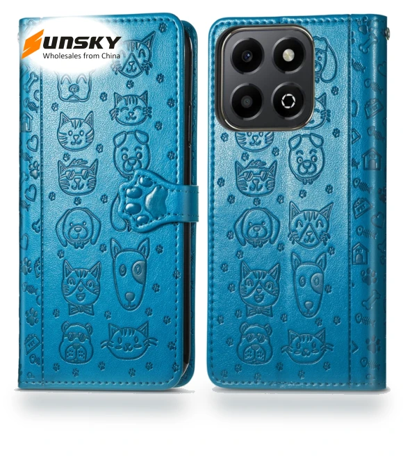 Cat and Dog Embossed Leather Phone Case — Flip Cases, Honor