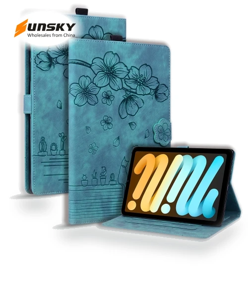 Cartoon Sakura Cat Embossed Smart Leather Tablet Case for iPad mini 6 / mini 2024 — Keyboard Cases
