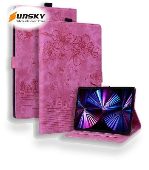 Cartoon Sakura Cat Embossed Smart Leather Tablet Case for iPad Pro 11 2022 / Air 10.9 2022 — Keyboard Cases