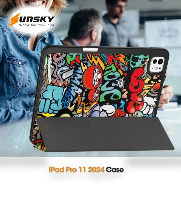 3-Fold Holder Smart Leather Tablet Case for iPad Pro 11 2024 — Keyboard Cases, Custer Painted
