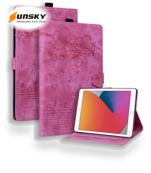 Cartoon Sakura Cat Embossed Smart Leather Tablet Case — Keyboard Cases