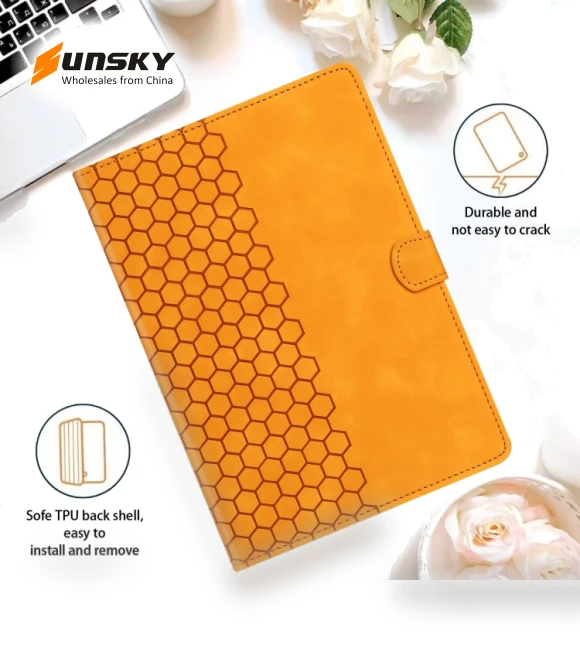 Honeycomb Embossed Leather Smart Tablet Case for Samsung Galaxy Tab S9 / S9 FE — Keyboard Cases, Samsung