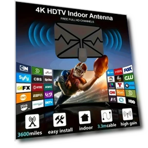 Portable HD TV Antenna Supports 4K 1080p with 360° Signal Switch, 16.6 Feet — Antennas