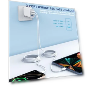 Fast Charging 3-Port USB C Charger Block with 10FT Cable — Chargers & Adapters, Shenzhen Jiaxingyuan Technology Co., Ltd.